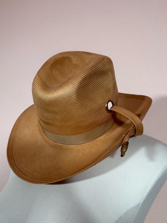 Vintage 1970 Adolfo II Straw wide brim fedora Outback Asymmetrical Western Hat main image 11